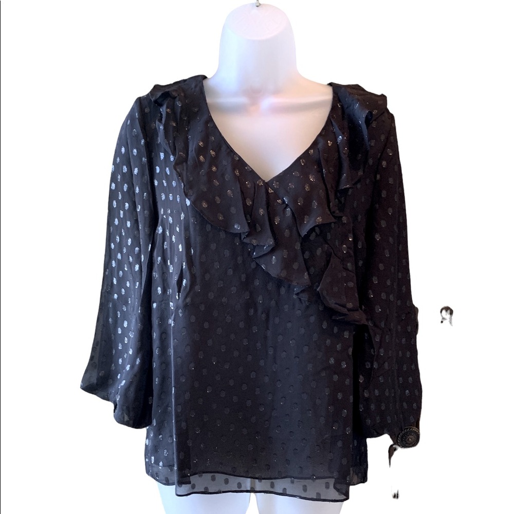 Lilly Pulitzer Top Dressy Black “Olenna” Printed Sheer Long Sleeve Lined  XS